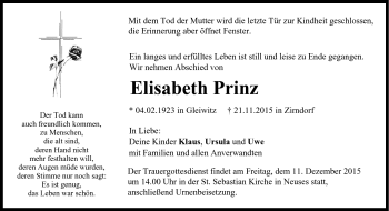 Traueranzeige von Elisabeth Prinz von Neue Presse Coburg