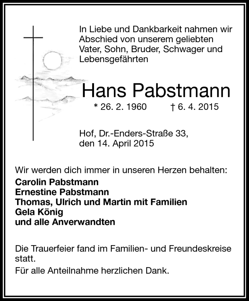  Traueranzeige für Hans Pabstmann vom 14.04.2015 aus Frankenpost