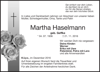 Traueranzeige von Martha Haselmann von Neue Presse Coburg