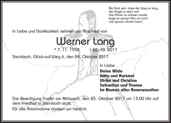 Traueranzeige von Werner Lang von Frankenpost