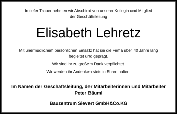 Traueranzeige von Elisabeth Lehretz von Frankenpost