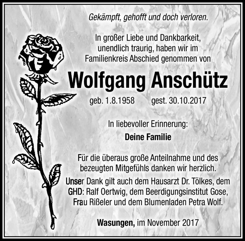  Traueranzeige für Wolfgang Anschütz vom 16.11.2017 aus Südthüringer Presse