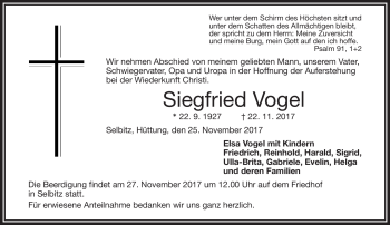 Traueranzeige von Siegfried Vogel von Frankenpost