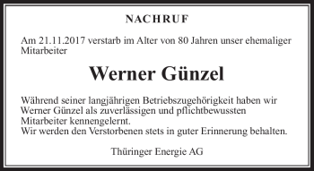 Traueranzeige von Werner Günzel von Südthüringer Presse