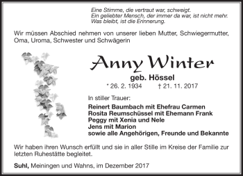 Traueranzeige von Anny Winter von Südthüringer Presse