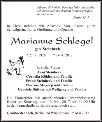 Traueranzeige von Marianne Schlegel von Südthüringer Presse