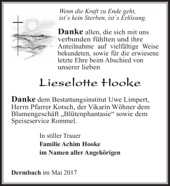 Traueranzeige von Lieslotte Hooke von Südthüringer Presse