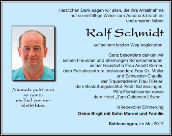 Traueranzeige von Ralf Schmidt von Südthüringer Presse