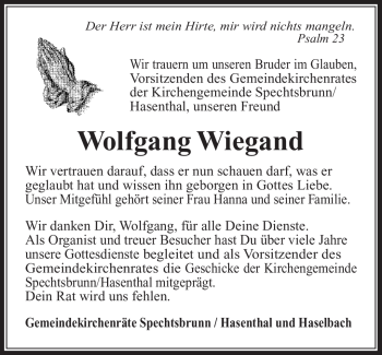 Traueranzeige von Wolfgang Wiegand von Südthüringer Presse