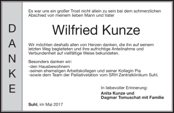 Traueranzeige von Wilfried Kunze von Südthüringer Presse