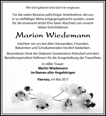 Traueranzeige von Marion Wiedemann von Südthüringer Presse