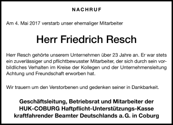 Traueranzeige von Friedrich Resch von Neue Presse Coburg