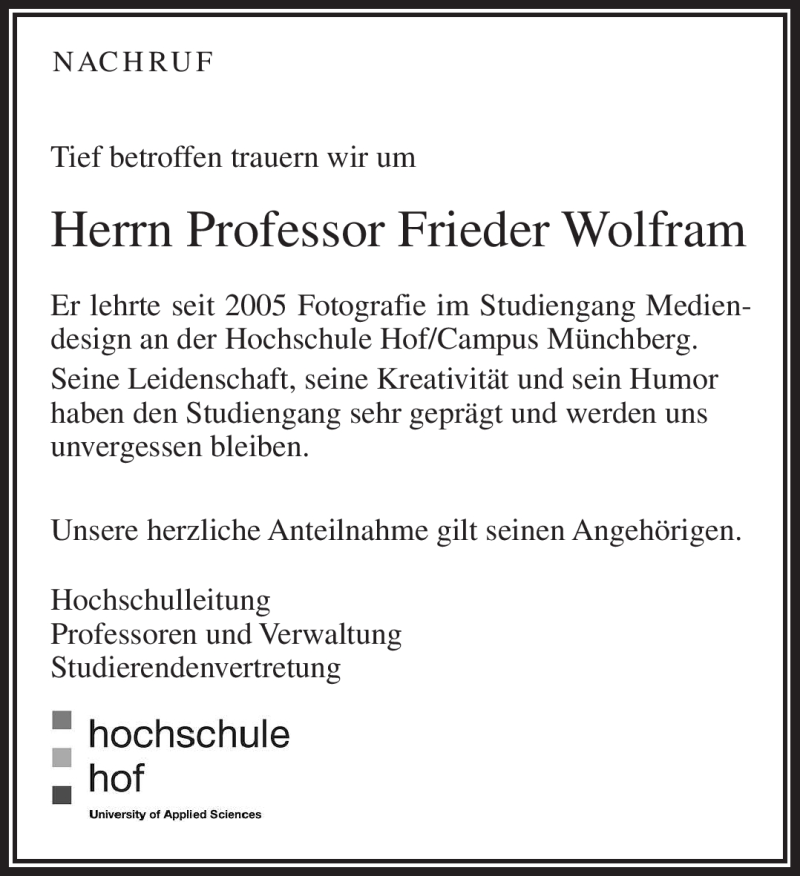  Traueranzeige für Frieder Wolfram vom 16.05.2017 aus Frankenpost