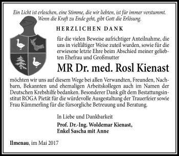 Traueranzeige von Rosl Kienast von Südthüringer Presse