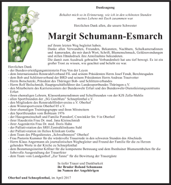 Traueranzeige von Margit Schumann-Esmarch von Südthüringer Presse