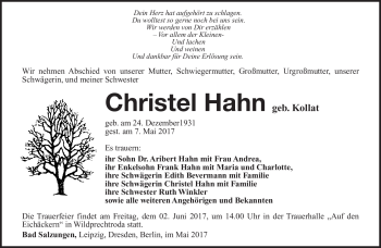 Traueranzeige von Christel Hahn von Südthüringer Presse