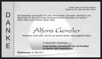 Traueranzeige von Alfons Genzler von Südthüringer Presse