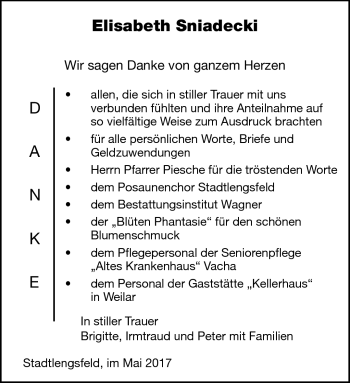 Traueranzeige von Elisabeth Sniadecki von Südthüringer Presse