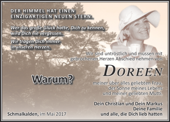 Traueranzeige von Doreen  von Südthüringer Presse