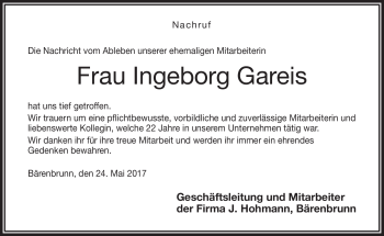 Traueranzeige von Inge Gareis von Frankenpost