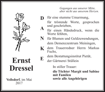 Traueranzeige von Ernst Dressel von Südthüringer Presse