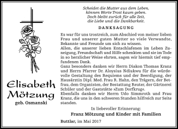 Traueranzeige von Elisabeth Mötzung von Südthüringer Presse