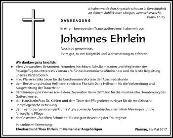 Traueranzeige von Johannes Ehrlein von Südthüringer Presse