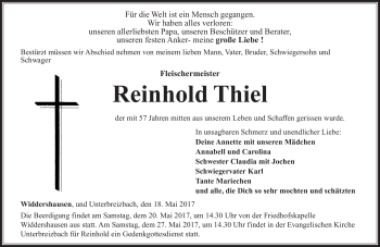 Traueranzeige von Reinhold Thiel von Südthüringer Presse