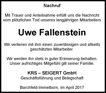 Traueranzeige von Uwe Fallenstein von Südthüringer Presse