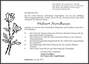 Traueranzeige von Hubert Nordhaus von Südthüringer Presse