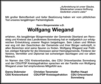 Traueranzeige von Wolfgang Wiegand von Südthüringer Presse