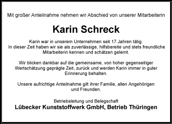 Traueranzeige von Karin Schreck von Südthüringer Presse