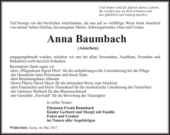 Traueranzeige von Anna Baumbach von Südthüringer Presse