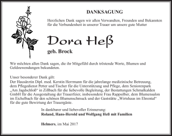 Traueranzeige von Dora Heß von Südthüringer Presse