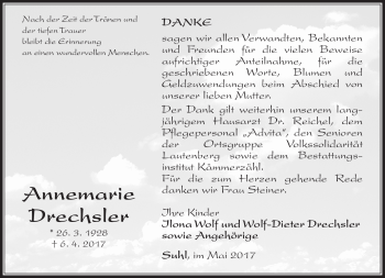 Traueranzeige von Annemarie Drechsler von Südthüringer Presse