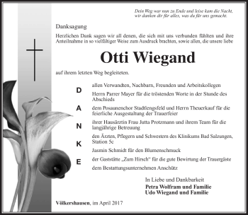 Traueranzeige von Otti Wiegand von Südthüringer Presse