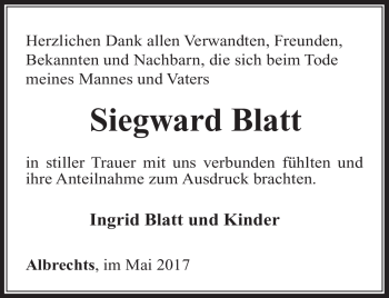 Traueranzeige von Siegward Blatt von Südthüringer Presse