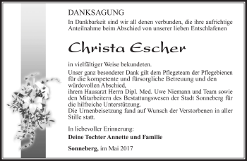 Traueranzeige von Christa Escher von Südthüringer Presse