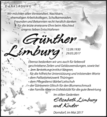 Traueranzeige von Günther Limburg von Südthüringer Presse