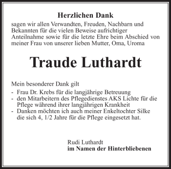 Traueranzeige von Traude Luthardt von Südthüringer Presse