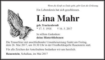 Traueranzeige von Lina Mahr von Südthüringer Presse