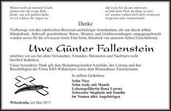 Traueranzeige von Uwe Günter Fallenstein von Südthüringer Presse