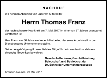 Traueranzeige von Thomas Franz von Neue Presse Coburg