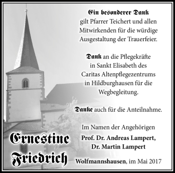 Traueranzeige von Ernestine Friedrich von Südthüringer Presse