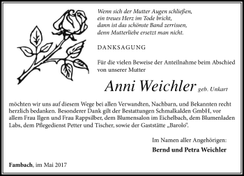 Traueranzeige von Anni Weichler von Südthüringer Presse