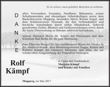 Traueranzeige von Rolf Kämpf von Südthüringer Presse