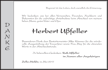 Traueranzeige von Herbert Ußfeller von Südthüringer Presse