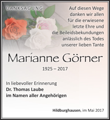 Traueranzeige von Marianne Görner von Südthüringer Presse