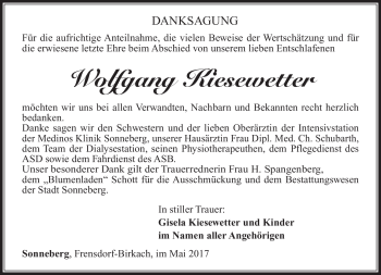 Traueranzeige von Wolfgang Kiesewetter von Südthüringer Presse