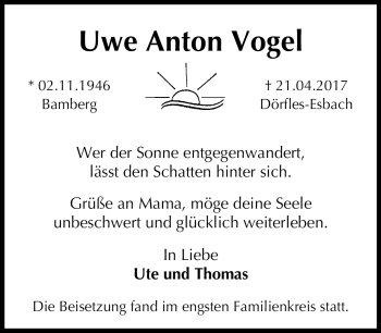 Traueranzeige von Uwe Anton Vogel von Neue Presse Coburg